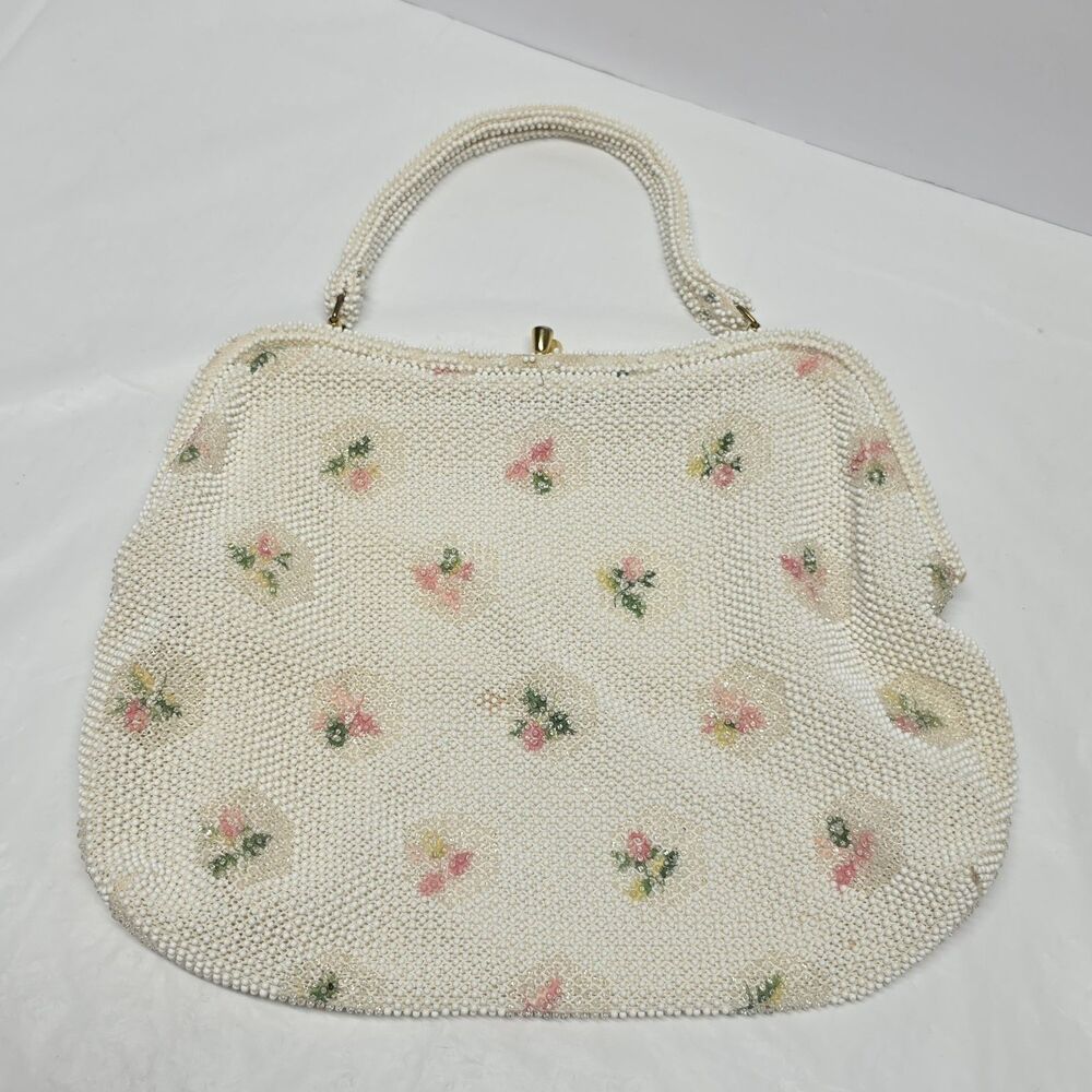 Vintage 1950s White Cream Hand Beaded Pink Green Flowers Purse Bag By Lumured